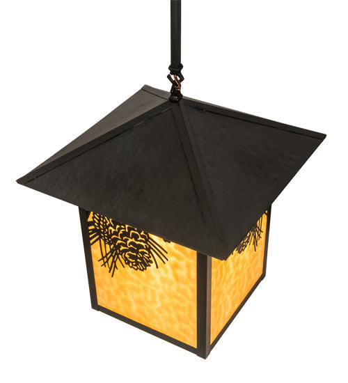 Meyda Lighting Seneca 16"Sq Craftsman Brown Winter Pine Pendant Light With Beige Shade Glass