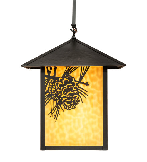 Meyda Lighting Seneca 16"Sq Craftsman Brown Winter Pine Pendant Light With Beige Shade Glass