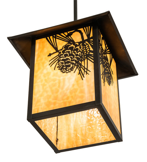 Meyda Lighting Seneca 16"Sq Craftsman Brown Winter Pine Pendant Light With Beige Shade Glass