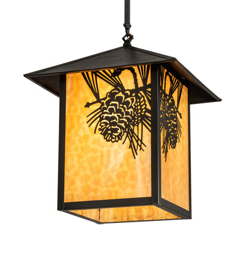 Meyda Lighting Seneca 16"Sq Craftsman Brown Winter Pine Pendant Light With Beige Shade Glass