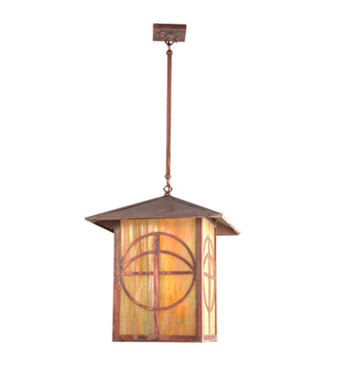 Meyda Lighting Seneca 16"Sq Vintage Copper Circle Cross Lantern Pendant Light With Beige Iridescent Shade Glass