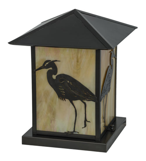 Meyda Lighting Seneca 17" Craftsman Brown Heron Outdoor Pier Mount Light With Beige Iridescent Shade Glass