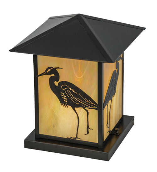 Meyda Lighting Seneca 17" Craftsman Brown Heron Outdoor Pier Mount Light With Beige Iridescent Shade Glass