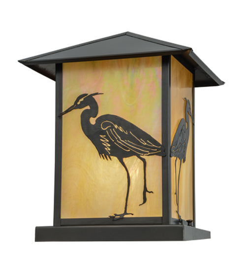 Meyda Lighting Seneca 17" Craftsman Brown Heron Outdoor Pier Mount Light With Beige Iridescent Shade Glass