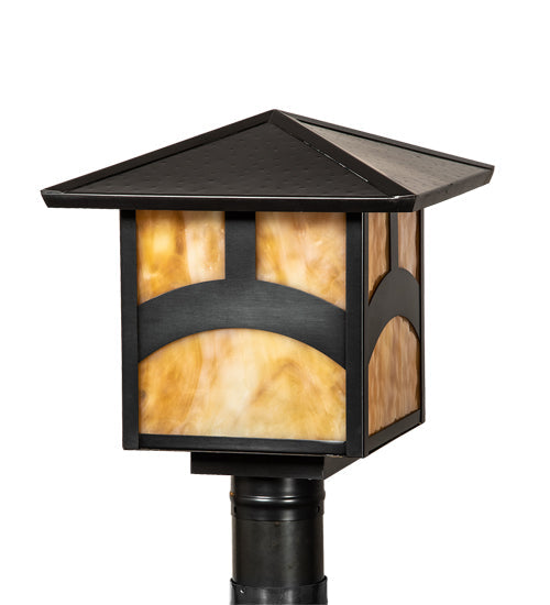 Meyda Lighting Seneca 17" Craftsman Brown Hill Top Outdoor Post Mount Light With Beige Shade Glass