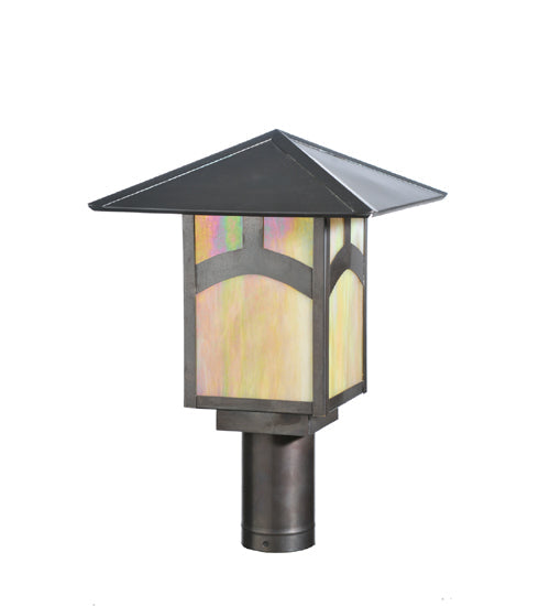Meyda Lighting Seneca 17" Craftsman Brown Hill Top Post Light With Beige Iridescent Art Shade Glass