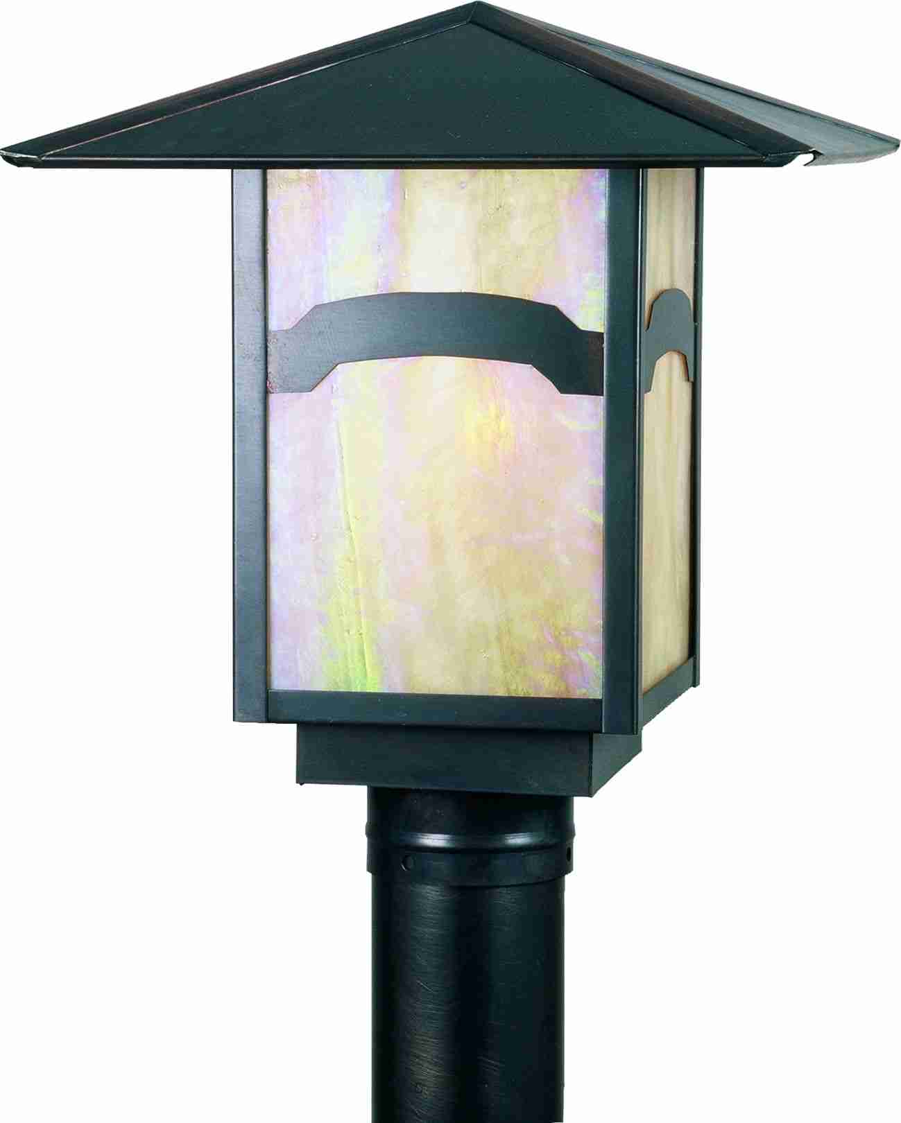 Meyda Lighting Seneca 17" Craftsman Brown Mountain View Outdoor Post Mount Light With Beige Iridescent Shade Glass