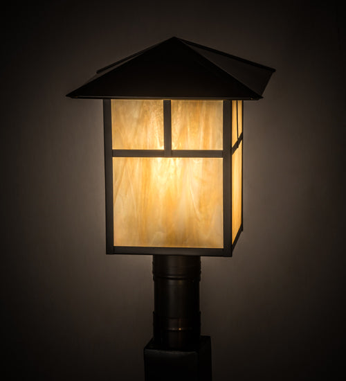 Meyda Lighting Seneca 17" Craftsman Brown Outdoor Post Mount Light With Beige Iridescent Shade Glass