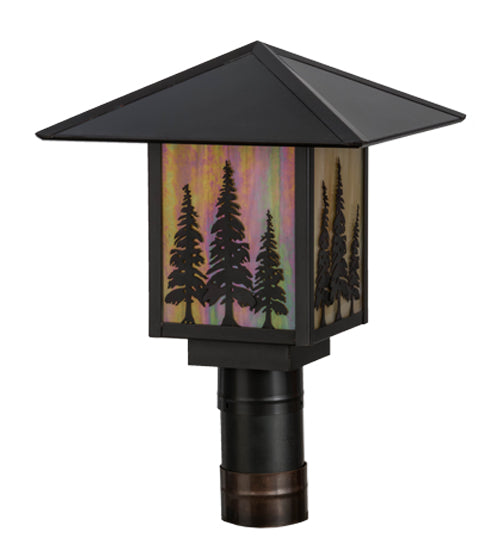 Meyda Lighting Seneca 17" Craftsman Brown Tall Pines Outdoor Post Mount Light With Beige Iridescent Shade Glass