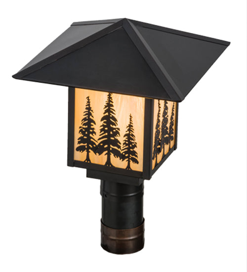 Meyda Lighting Seneca 17" Craftsman Brown Tall Pines Outdoor Post Mount Light With Beige Iridescent Shade Glass