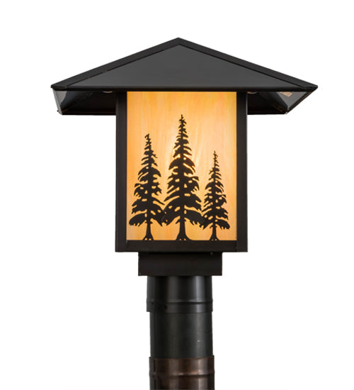 Meyda Lighting Seneca 17" Craftsman Brown Tall Pines Outdoor Post Mount Light With Beige Iridescent Shade Glass