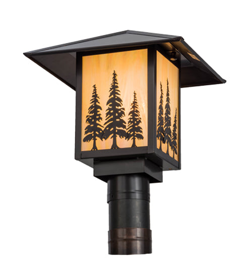 Meyda Lighting Seneca 17" Craftsman Brown Tall Pines Outdoor Post Mount Light With Beige Iridescent Shade Glass