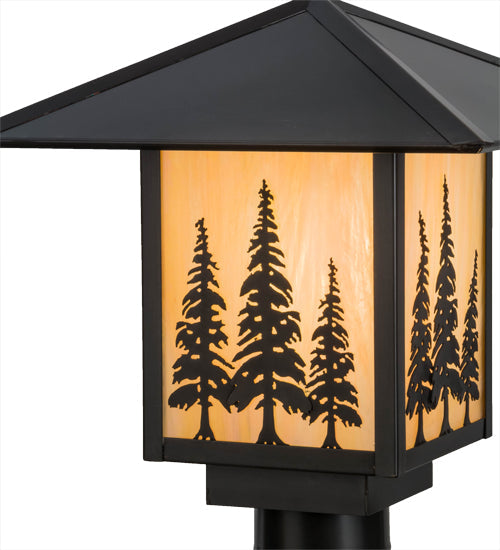 Meyda Lighting Seneca 17" Craftsman Brown Tall Pines Outdoor Post Mount Light With Beige Iridescent Shade Glass