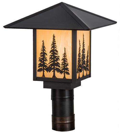 Meyda Lighting Seneca 17" Craftsman Brown Tall Pines Outdoor Post Mount Light With Beige Iridescent Shade Glass
