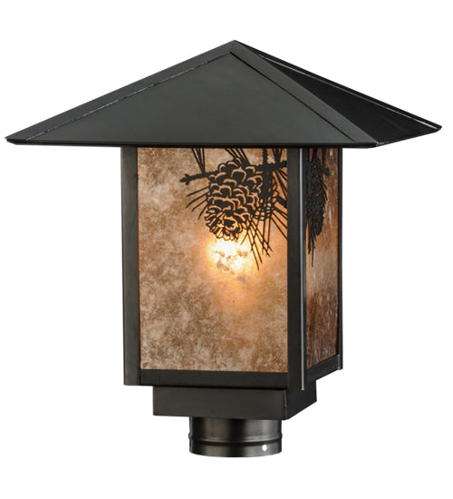 Meyda Lighting Seneca 17" Craftsman Brown Winter Pine Outdoor Post Mount Light With Silver Mica Shade Glass