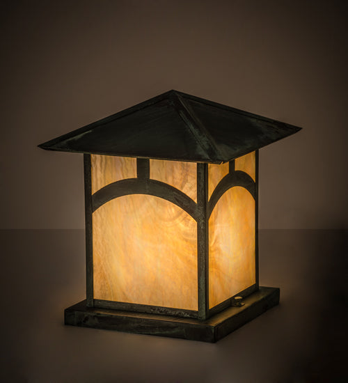 Meyda Lighting Seneca 17" Verdigris Hill Top Outdoor Pier Mount Light With Beige Iridescent Art Shade Glass