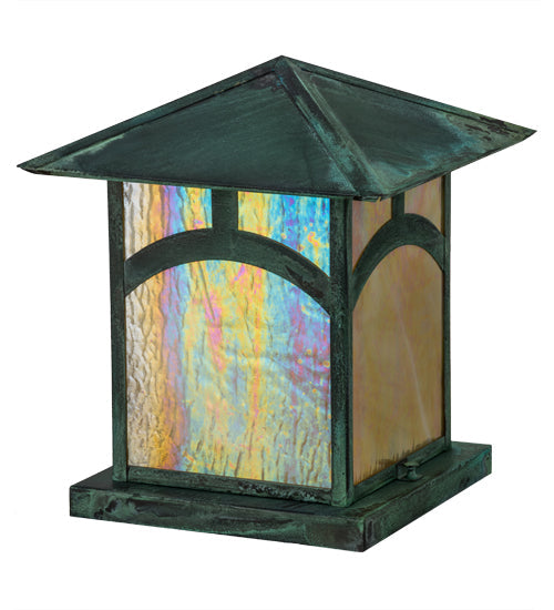 Meyda Lighting Seneca 17" Verdigris Hill Top Outdoor Pier Mount Light With Beige Iridescent Art Shade Glass