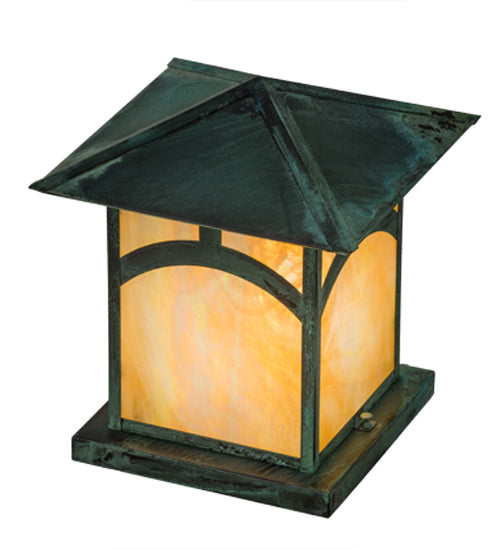Meyda Lighting Seneca 17" Verdigris Hill Top Outdoor Pier Mount Light With Beige Iridescent Art Shade Glass
