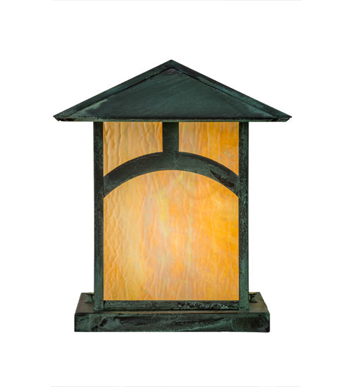 Meyda Lighting Seneca 17" Verdigris Hill Top Outdoor Pier Mount Light With Beige Iridescent Art Shade Glass