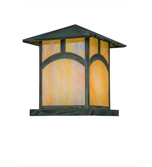 Meyda Lighting Seneca 17" Verdigris Hill Top Outdoor Pier Mount Light With Beige Iridescent Art Shade Glass