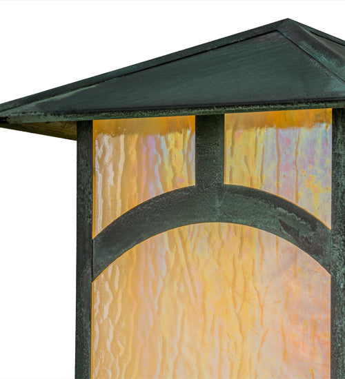 Meyda Lighting Seneca 17" Verdigris Hill Top Outdoor Pier Mount Light With Beige Iridescent Art Shade Glass