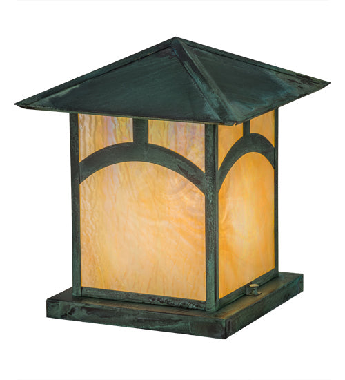 Meyda Lighting Seneca 17" Verdigris Hill Top Outdoor Pier Mount Light With Beige Iridescent Art Shade Glass