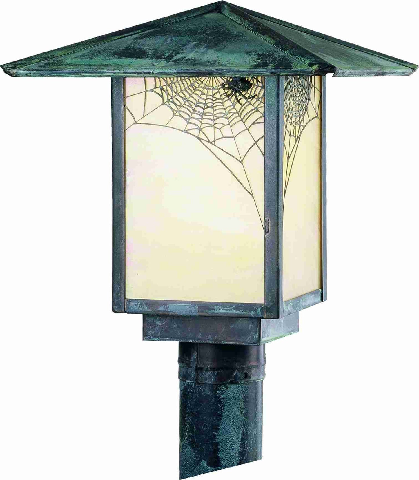 Meyda Lighting Seneca 17" Verdigris Spider Web Outdoor Post Mount With Beige Iridescent Shade Glass