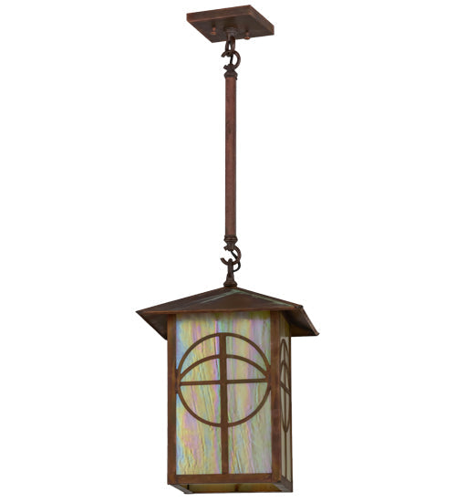 Meyda Lighting Seneca 17" Vintage Copper Circle Cross Lantern Pendant Light With Beige Iridescent Shade Glass