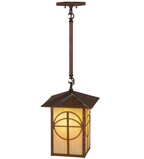 Meyda Lighting Seneca 17" Vintage Copper Circle Cross Lantern Pendant Light With Beige Iridescent Shade Glass