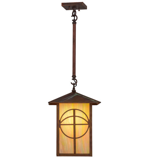 Meyda Lighting Seneca 17" Vintage Copper Circle Cross Lantern Pendant Light With Beige Iridescent Shade Glass