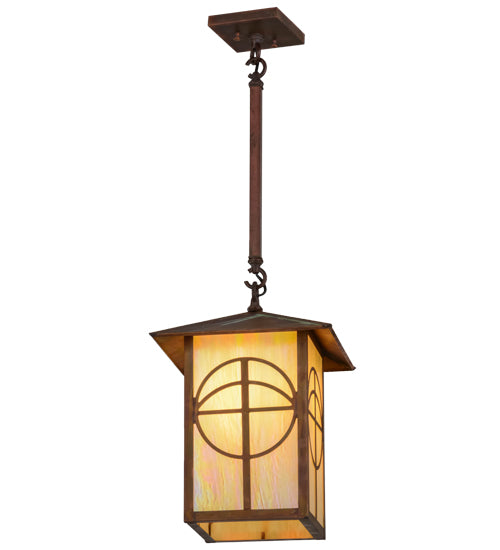 Meyda Lighting Seneca 17" Vintage Copper Circle Cross Lantern Pendant Light With Beige Iridescent Shade Glass