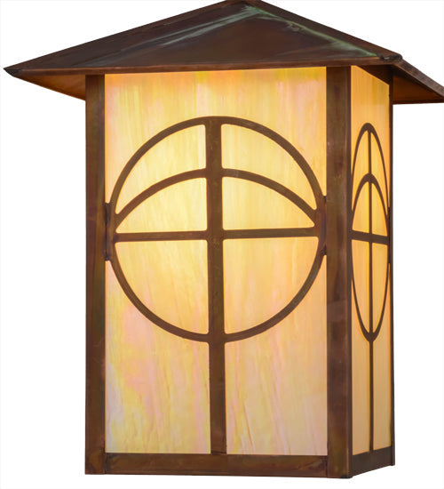 Meyda Lighting Seneca 17" Vintage Copper Circle Cross Lantern Pendant Light With Beige Iridescent Shade Glass