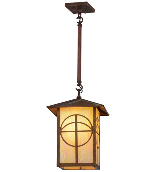 Meyda Lighting Seneca 17" Vintage Copper Circle Cross Lantern Pendant Light With Beige Iridescent Shade Glass