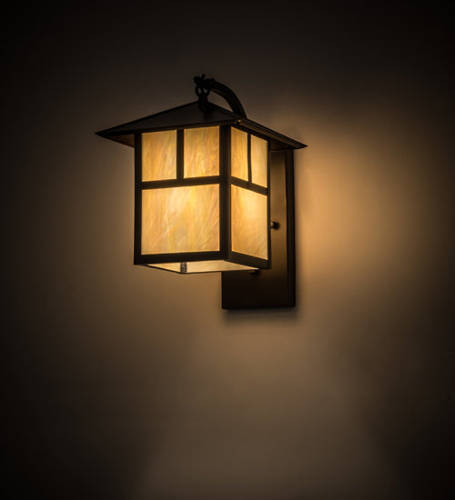Meyda Lighting Seneca 172643 9" Craftsman Brown "T" Mission Curved Arm Wall Sconce With Beige Iridescent Art Shade Glass