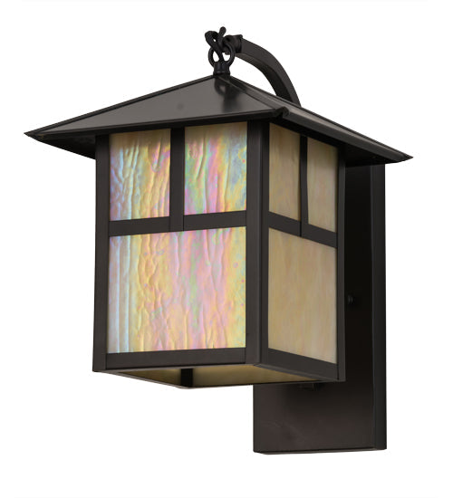 Meyda Lighting Seneca 172643 9" Craftsman Brown "T" Mission Curved Arm Wall Sconce With Beige Iridescent Art Shade Glass