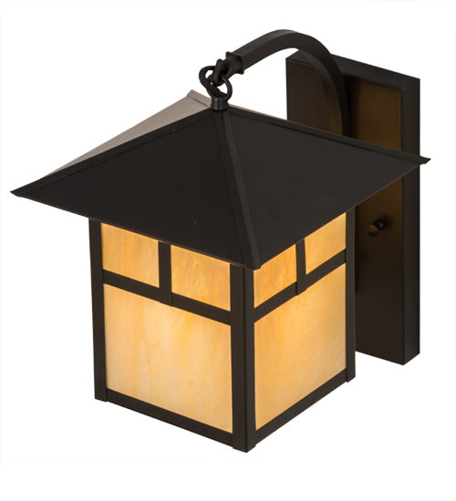 Meyda Lighting Seneca 172643 9" Craftsman Brown "T" Mission Curved Arm Wall Sconce With Beige Iridescent Art Shade Glass