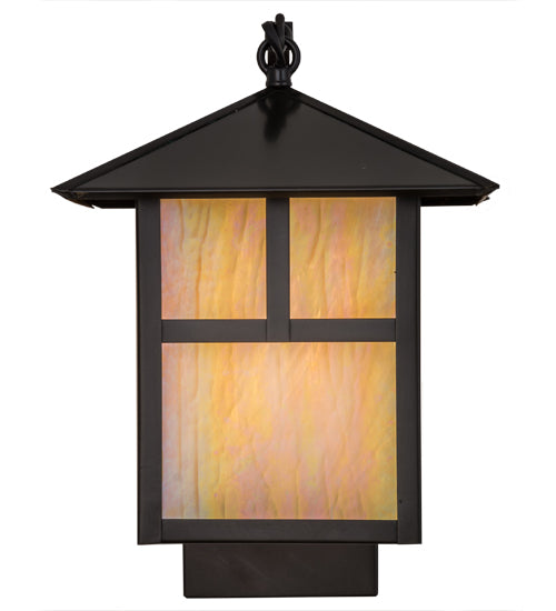 Meyda Lighting Seneca 172643 9" Craftsman Brown "T" Mission Curved Arm Wall Sconce With Beige Iridescent Art Shade Glass