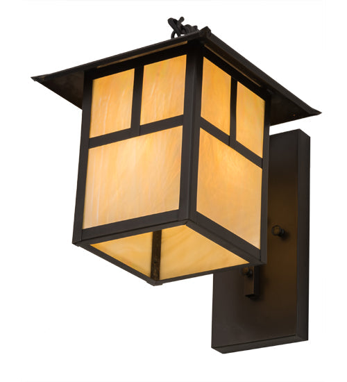 Meyda Lighting Seneca 172643 9" Craftsman Brown "T" Mission Curved Arm Wall Sconce With Beige Iridescent Art Shade Glass