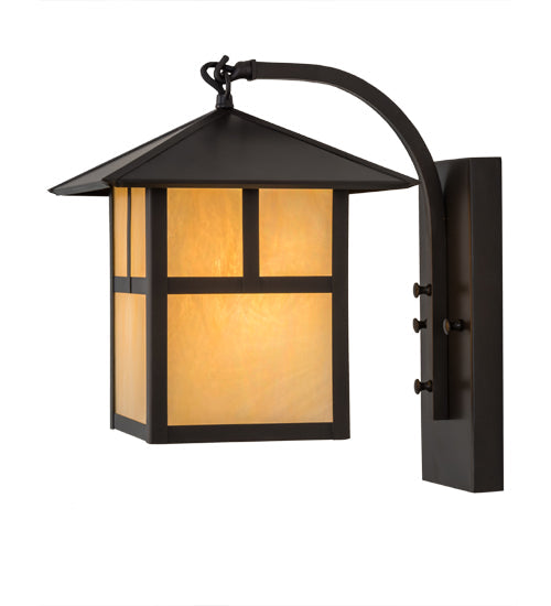 Meyda Lighting Seneca 172643 9" Craftsman Brown "T" Mission Curved Arm Wall Sconce With Beige Iridescent Art Shade Glass