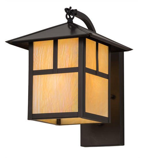Meyda Lighting Seneca 172643 9" Craftsman Brown "T" Mission Curved Arm Wall Sconce With Beige Iridescent Art Shade Glass