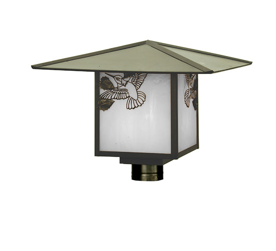 Meyda Lighting Seneca 17"Sq Craftsman Brown Hummingbird Outdoor Post Mount With White Art Shade Glass