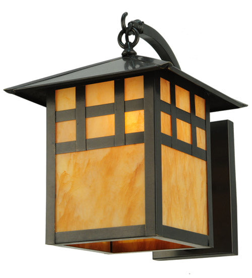 Meyda Lighting Seneca 18" Craftsman Brown Window Pane Curved Arm Wall Sconce With Ambra Siena Idalight Shade Glass