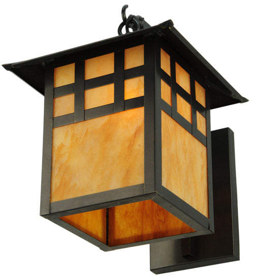 Meyda Lighting Seneca 18" Craftsman Brown Window Pane Curved Arm Wall Sconce With Ambra Siena Idalight Shade Glass