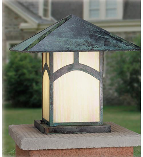 Meyda Lighting Seneca 18"Sq 2-Light Verdigris Mount Hill Top Outdoor Pier Mount Light With Beige Iridized Shade Glass