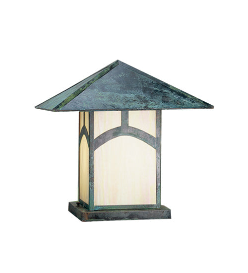 Meyda Lighting Seneca 18"Sq 2-Light Verdigris Mount Hill Top Outdoor Pier Mount Light With Beige Iridized Shade Glass