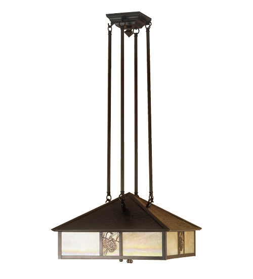 Meyda Lighting Seneca 18"Sq 3-Light Craftsman Brown Winter Pine Pendant Light With Beige Iridescent Art Shade Glass