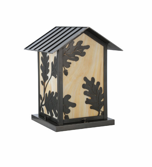 Meyda Lighting Seneca 20" 2-Light Craftsman Brown Oak Leaf Outdoor Pier Mount Light With Beige Art Shade Glass
