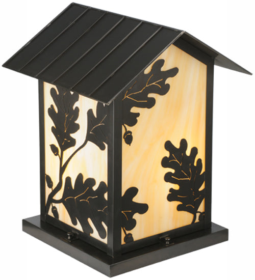 Meyda Lighting Seneca 20" 2-Light Craftsman Brown Oak Leaf Outdoor Pier Mount Light With Beige Art Shade Glass