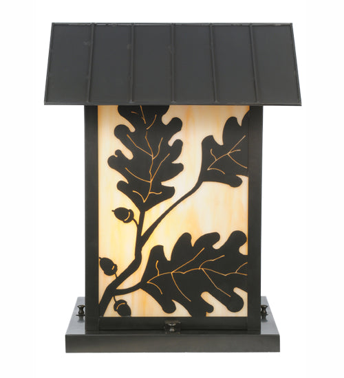 Meyda Lighting Seneca 20" 2-Light Craftsman Brown Oak Leaf Outdoor Pier Mount Light With Beige Art Shade Glass