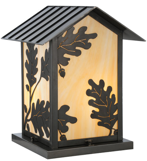 Meyda Lighting Seneca 20" 2-Light Craftsman Brown Oak Leaf Outdoor Pier Mount Light With Beige Art Shade Glass